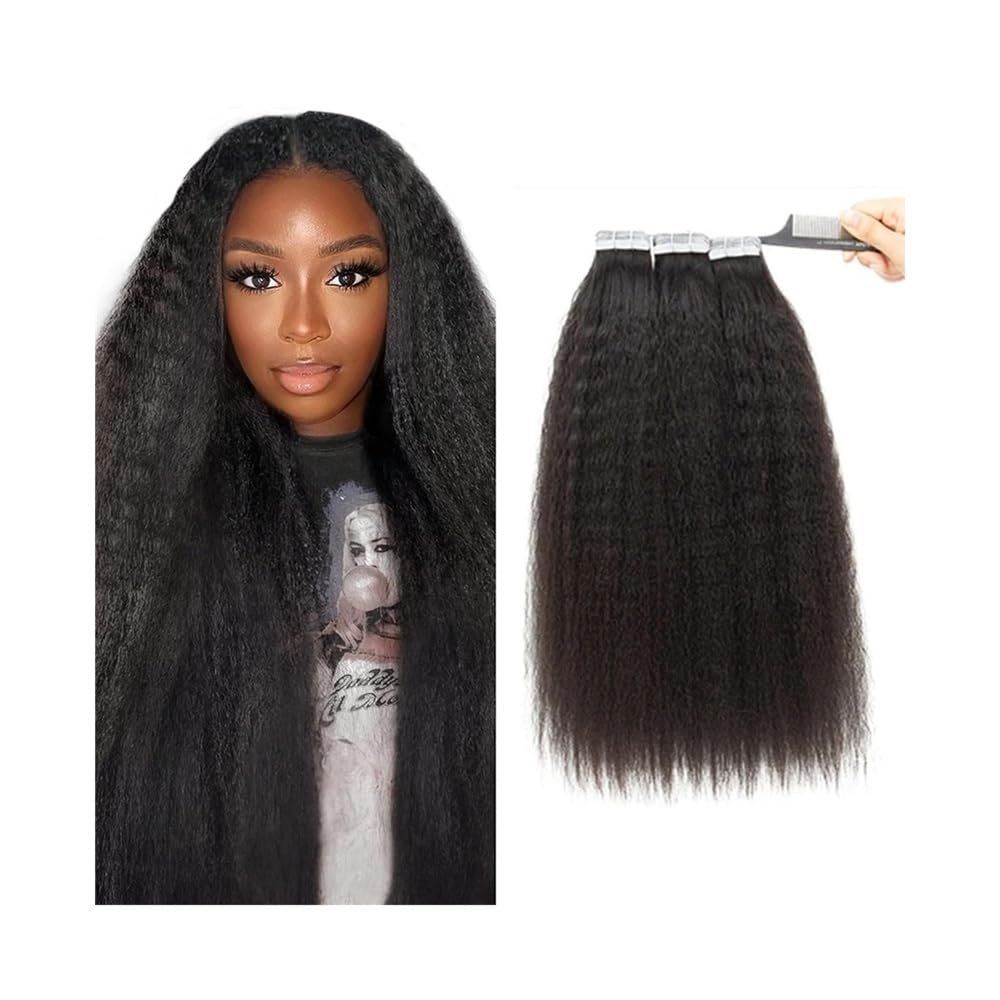 Invisible Tape-In Hair Extensions, 100% Remy Human Hair, Kinky Straight, Natural Black, 20 Pieces, 50 g