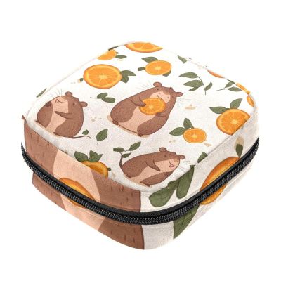 Portable Menstrual Product Storage Pouch with Cartoon Capybaras and Oranges