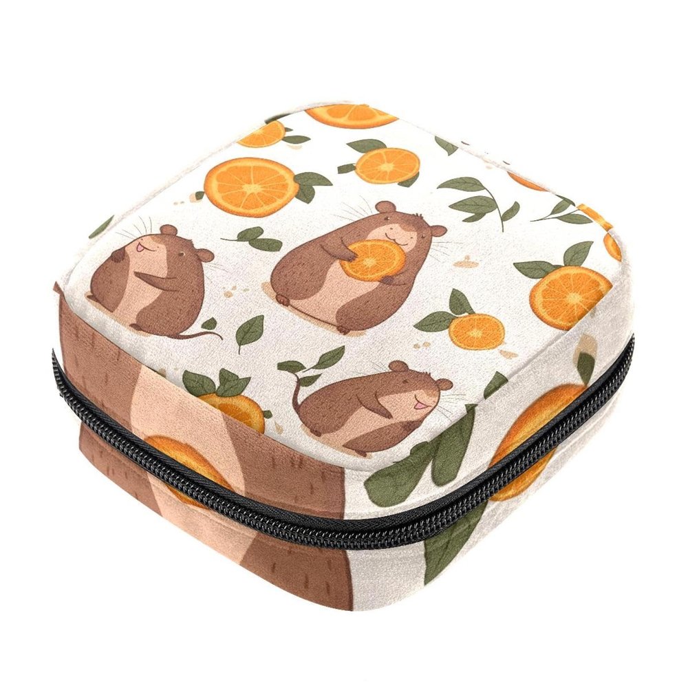 Portable Menstrual Product Storage Pouch with Cartoon Capybaras and Oranges