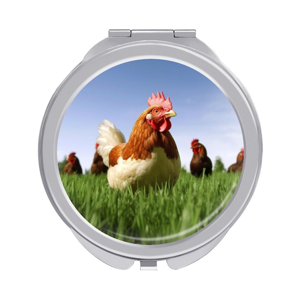 QMNRTK Funny Chicken Grass Compact Mirror, Travel Makeup Mirror with 1x/2x Magnification, Pocket Hand Mirror for Women