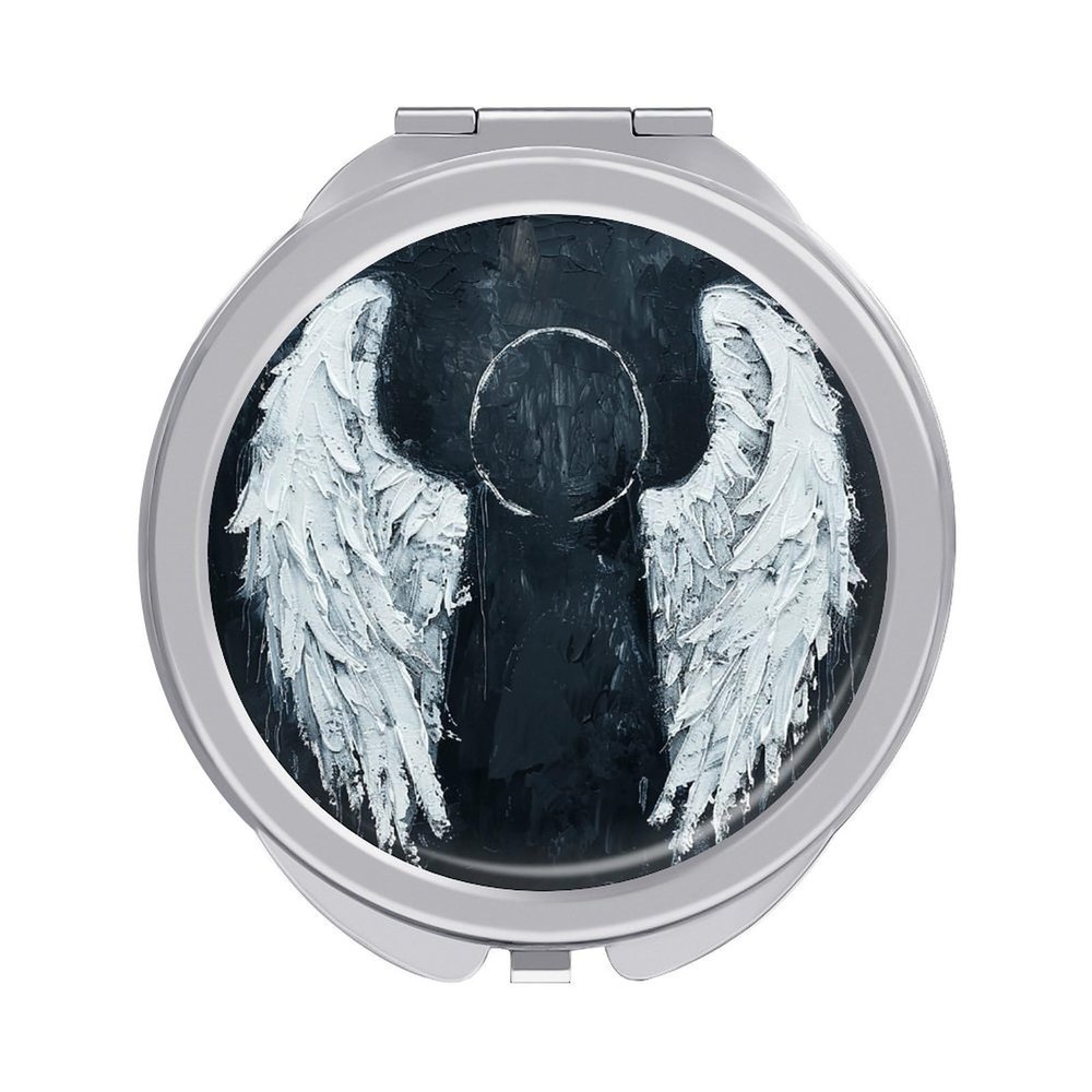 White Angel Wings Compact Travel Makeup Mirror with 1x/2x Magnification