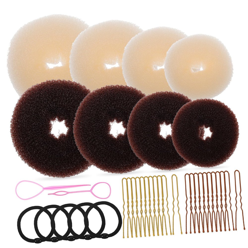 FRCOLOR 8-Piece Donut Bun Maker Set, 40 U-Shaped 5-Hair Bun Makers for Women and Easy Bun Hairstyles