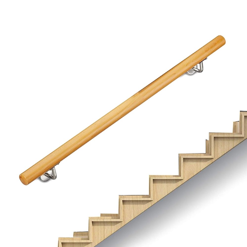 Non-Slip Solid Wood Handrail for Seniors, Natural Wood, Wall-Mounted Attic and Corridor Safety Railing (1.8 m)