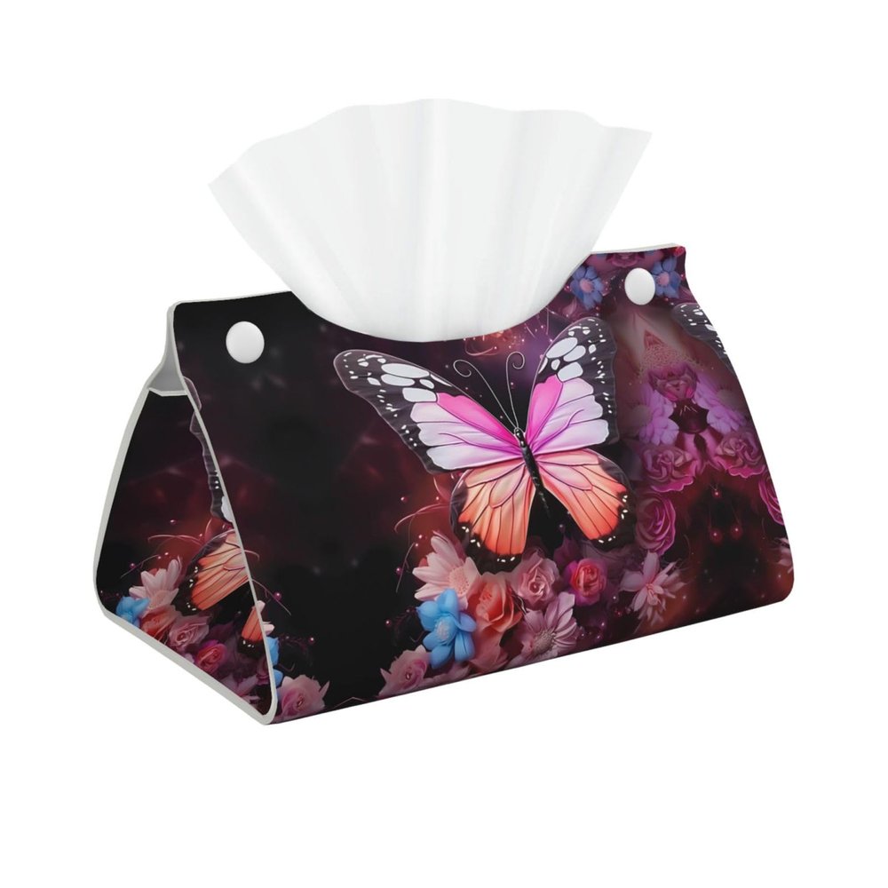 Leather Tissue Box with Butterflies and Flowers
