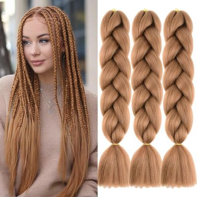 #30 Brown-Toned Synthetic Braiding Hair, 24 Inches, 3 Packs, Easy Jumbo Braid, Pre-Stretched Extensions