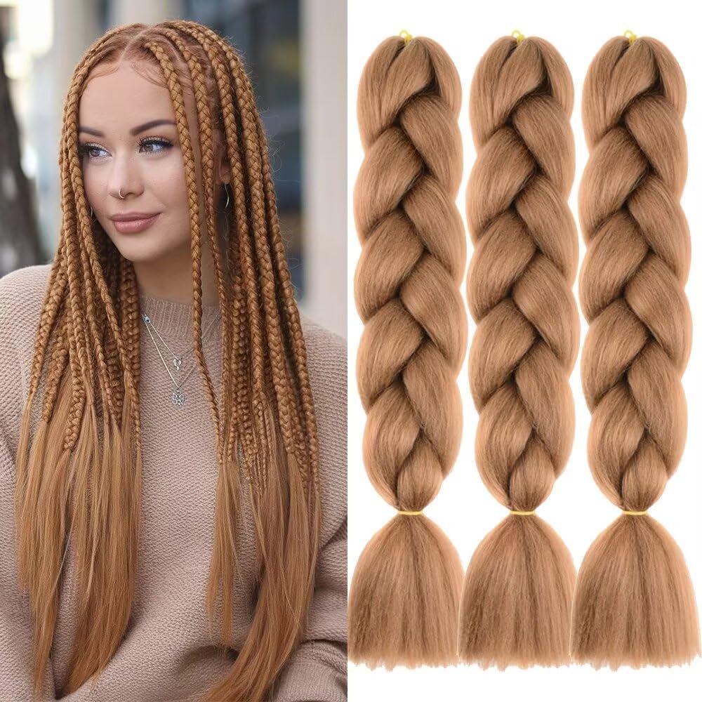 #30 Brown-Toned Synthetic Braiding Hair, 24 Inches, 3 Packs, Easy Jumbo Braid, Pre-Stretched Extensions