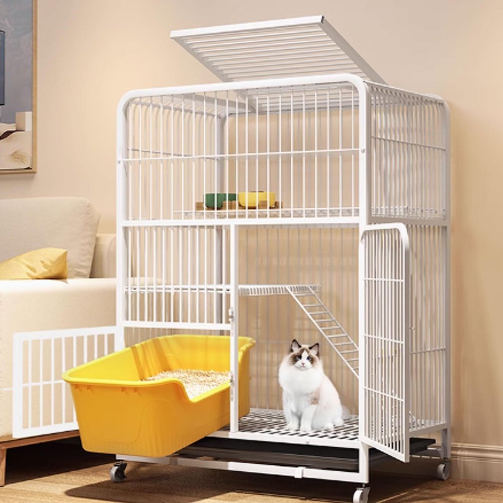 GUQASDV Indoor Cat Cage with Anti-Collision Lock and PVC Tray, White, 78 x 52 x 110 cm