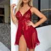 Women's Sexy Lace Open-Front Chemise with Thong, Red, XXXL view 4