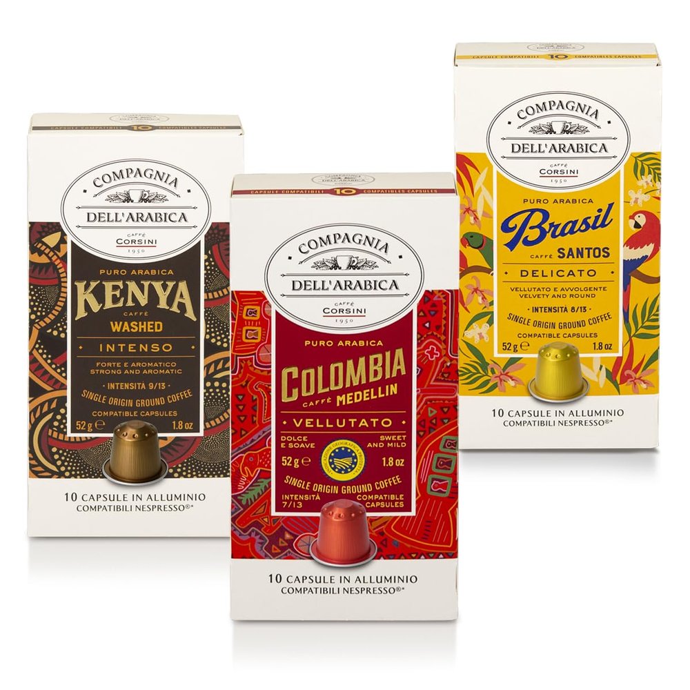 Caffè Corsini Nespresso-Compatible Capsule Set, 100% Arabica, Kenya, Brazil & Colombia, 3 x 10 Capsules
