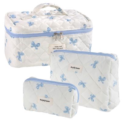 Mulaibdin 3-Piece Cosmetic Bag Set for Women, Quilted Makeup Organizer, Blue Bow
