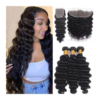 Human Hair Bundles, Loose Deep Wave with Closure, Brazilian Virgin Hair Extensions, Free-Part Lace Closure, Natural Color