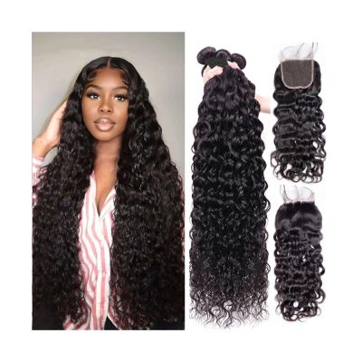Brazilian Human Hair Water Wave Bundles with 5" x 5" Closure, Natural Color, 28"