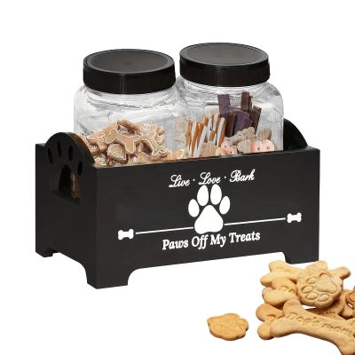 Xinhuju Dog Treat Holder with 2 Jars, Wooden Organizer