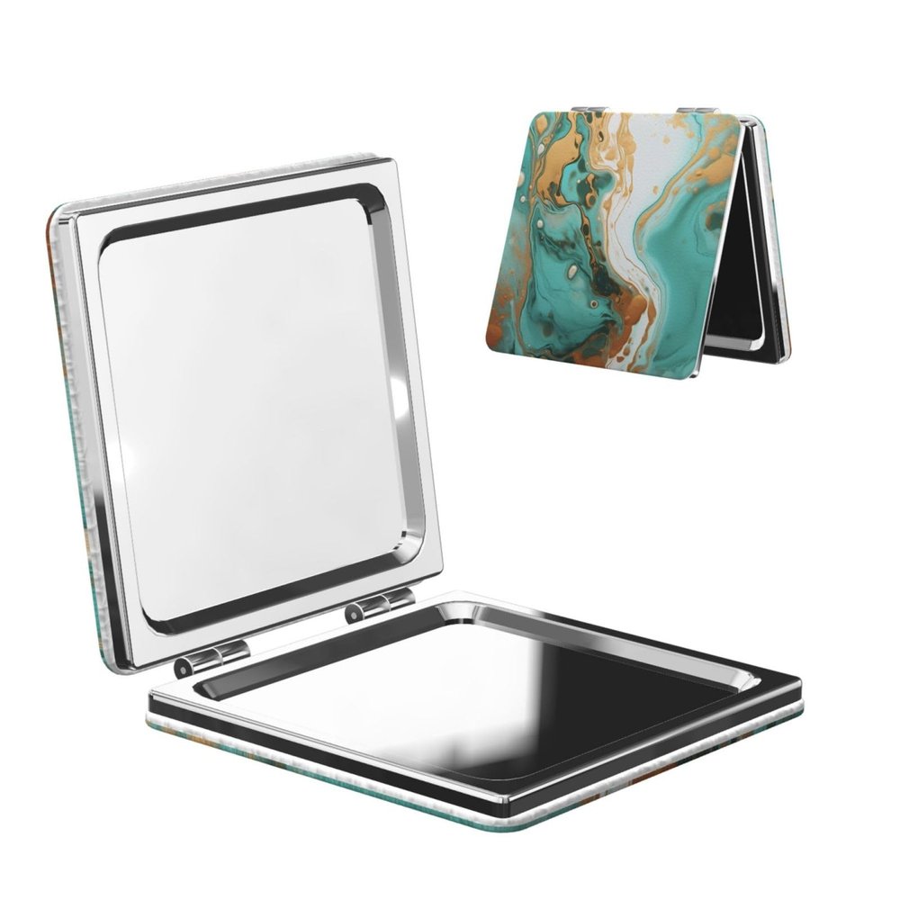 WXWJSHMGC Compact Makeup Mirror with Turquoise-Gold Marble Print, 1x/2x Magnification