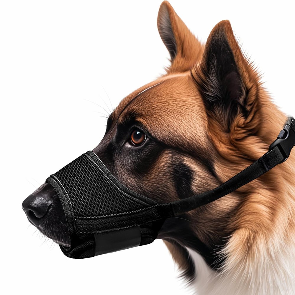 LATRAT Dog Muzzle, Adjustable Nylon Muzzle, Soft Buckle, Breathable Mesh, Prevents Eating, Biting, and Barking, Black, Size 2XL