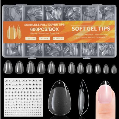 BUTBU Almond Nail Tips, 600 Pieces, Soft Gel Tips