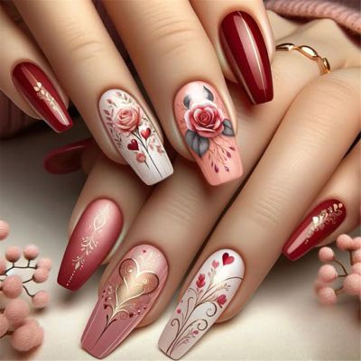 Press-On Artificial Fingernails, Medium Length, Glossy Acrylic Nails, 24 Pieces