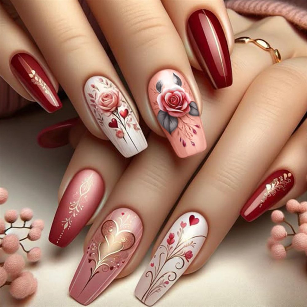 Press-On Artificial Fingernails, Medium Length, Glossy Acrylic Nails, 24 Pieces