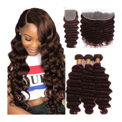 YANG11FAN Human Hair Bundles with Closure, #4 Brown Loose Deep Wave, 13" x 4", 12", 12", 14" and 10"
