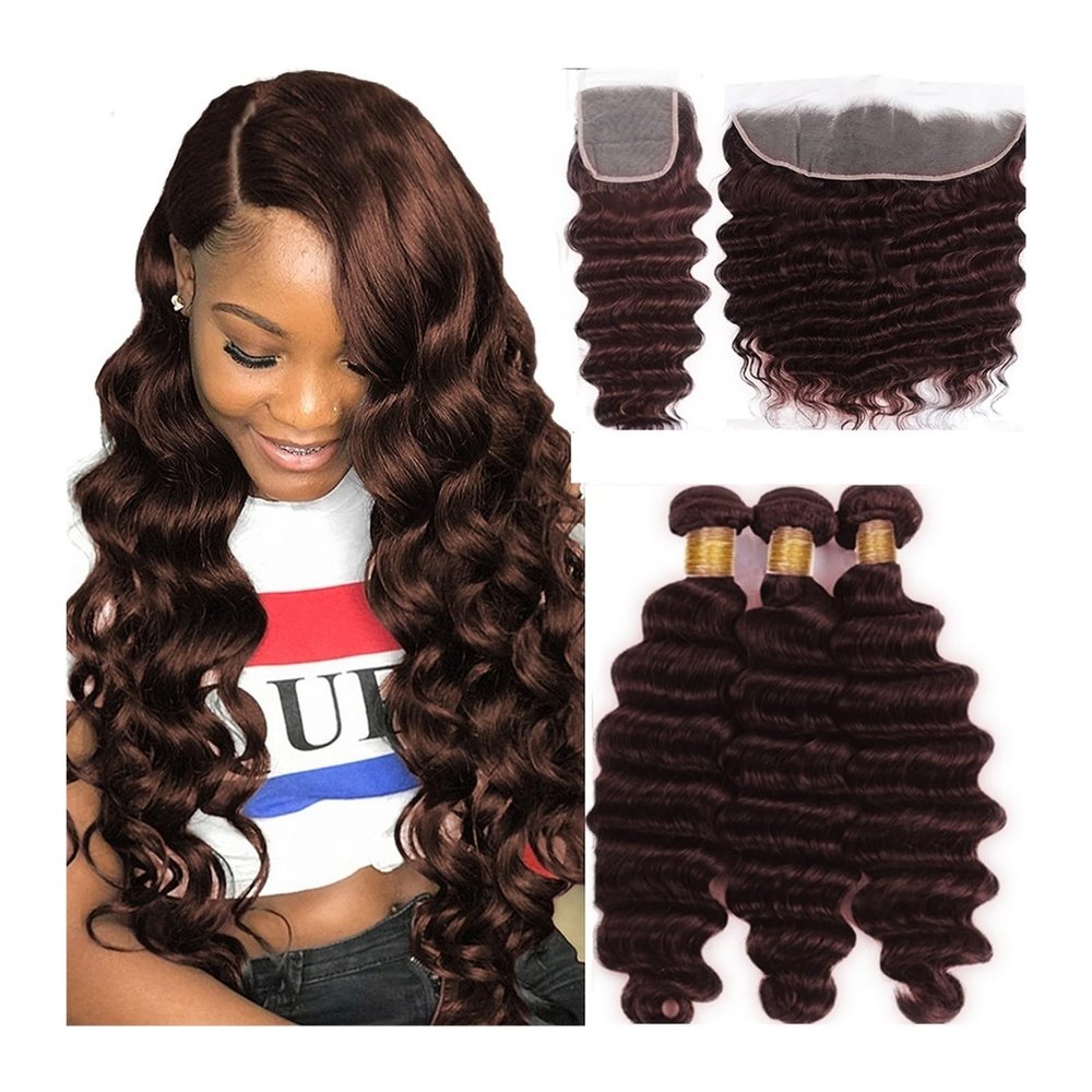 YANG11FAN Human Hair Bundles with Closure, #4 Brown Loose Deep Wave, 13" x 4", 12", 12", 14" and 10"