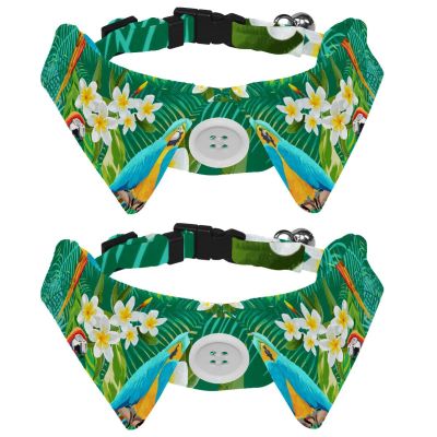 Dog Collar with Bow and Bell, Parrot and White-Flower Pattern, Adjustable Lapel Design, 2-Pack