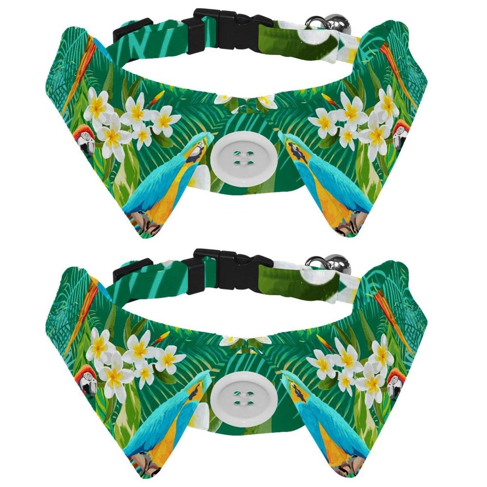 Dog Collar with Bow and Bell, Parrot and White-Flower Pattern, Adjustable Lapel Design, 2-Pack