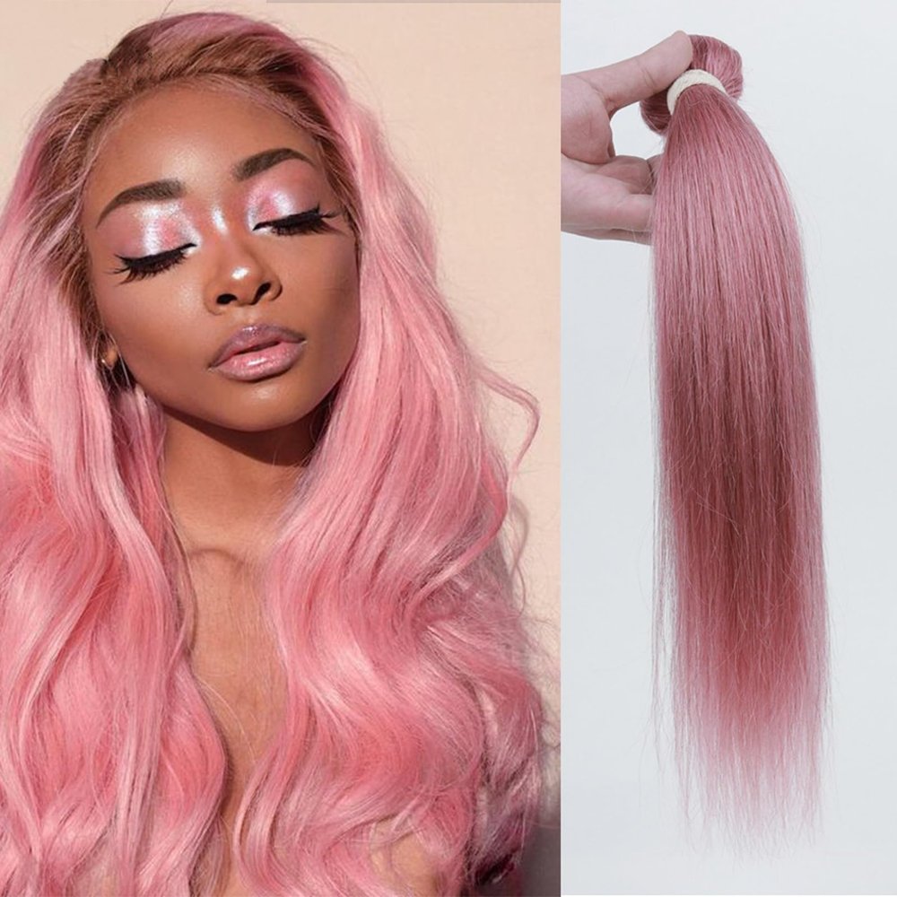 YANG11FAN Human Hair Bundles, Pink Brazilian Straight Hair Weave, 14/16/18
