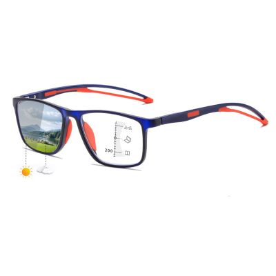 Photochromic Progressive Multifocal Reading Glasses with Blue-Light Filter, TR90, Blue/Red, +1.5