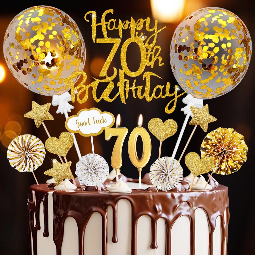 70th Birthday Cake Decorations for Women and Men, Gold Cake Topper Set