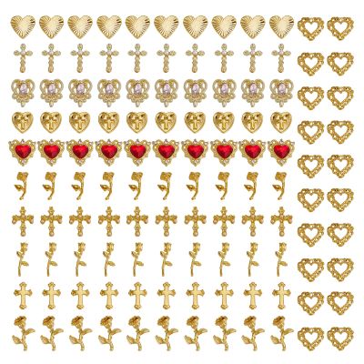NICENEEDED 120-Piece Gold Nail Charms, Cross, Rose, Heart 3D Nail Art Decorations