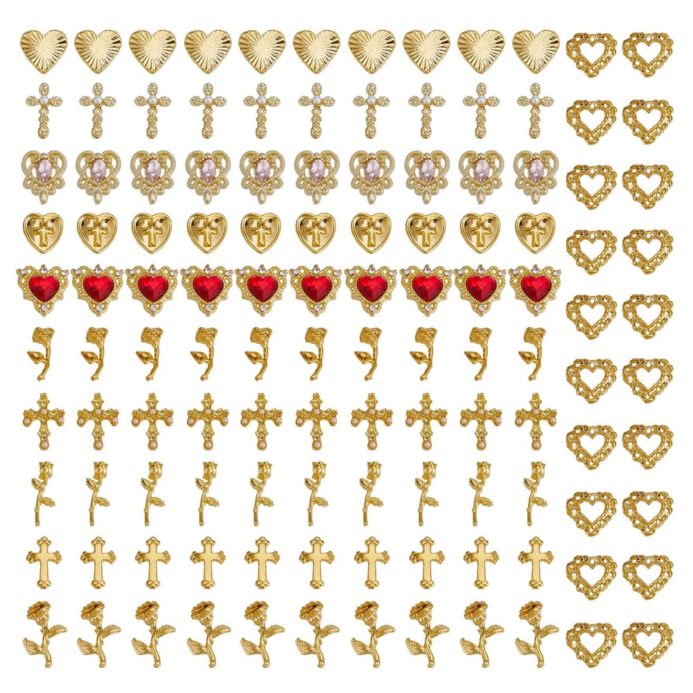 NICENEEDED 120-Piece Gold Nail Charms, Cross, Rose, Heart 3D Nail Art Decorations