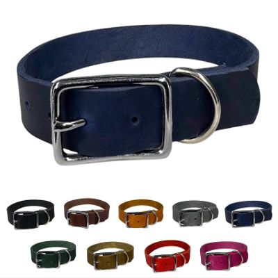 Leather Dog Collar with Silver Hardware, Navy Blue, L (45–51 cm), 25 mm