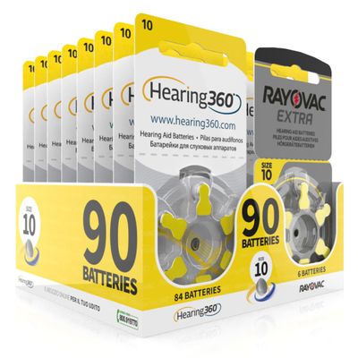 Hearing360 Hearing Aid Batteries, Rayovac Extra and Hearing360 Size 10 Yellow (15 Blister Packs, 90 Batteries)