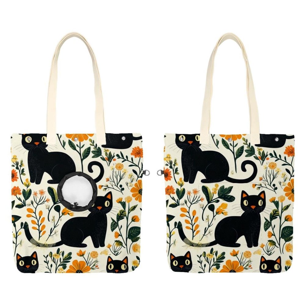 CHENZZZZ Cute Black Cats and Flowers Canvas Pet Shoulder Bag