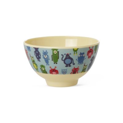 RICE Small Melamine Children's Bowl, Light Blue, Monsters Print