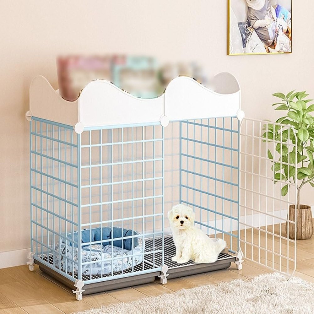 Pet's Home Dog Cage with Storage Bar and Tray, Removable DIY Fence, Two Colors, for Kittens and Puppies (Blue, 61 × 75 × 39 cm)