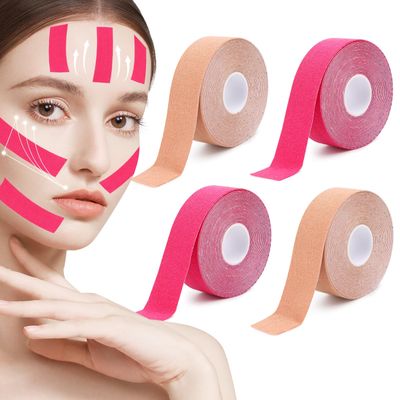 4-Piece Face Lifting Tape | Myofascial Lifting Band for Skin Tightening and Firming | Face, Neck & Forehead | Smooths Wrinkles, 2.5 cm x 5 m (2 Colors Assorted)