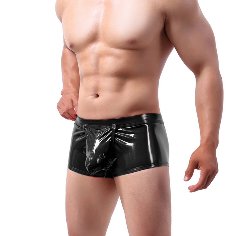Bauzuoyo Men's Latex Brief with Hole, Wetlook Open Boxers, Black/Red