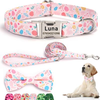 SEOUGEE Easter Dog Collar Set with Bow Tie, Leash, and Engraved Buckle, Adjustable Cotton Collar for Small Dogs, Bunny Blossom, Size S