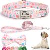 SEOUGEE Easter Dog Collar Set with Bow Tie, Leash, and Engraved Buckle, Adjustable Cotton Collar for Small Dogs, Bunny Blossom, Size S view 1