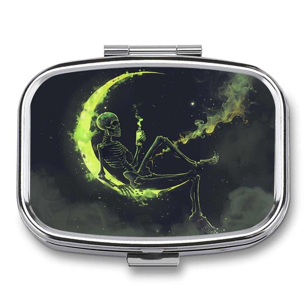Metal Pill Case with 2 Compartments, Travel-Friendly, Compact, Cute Skeleton Design