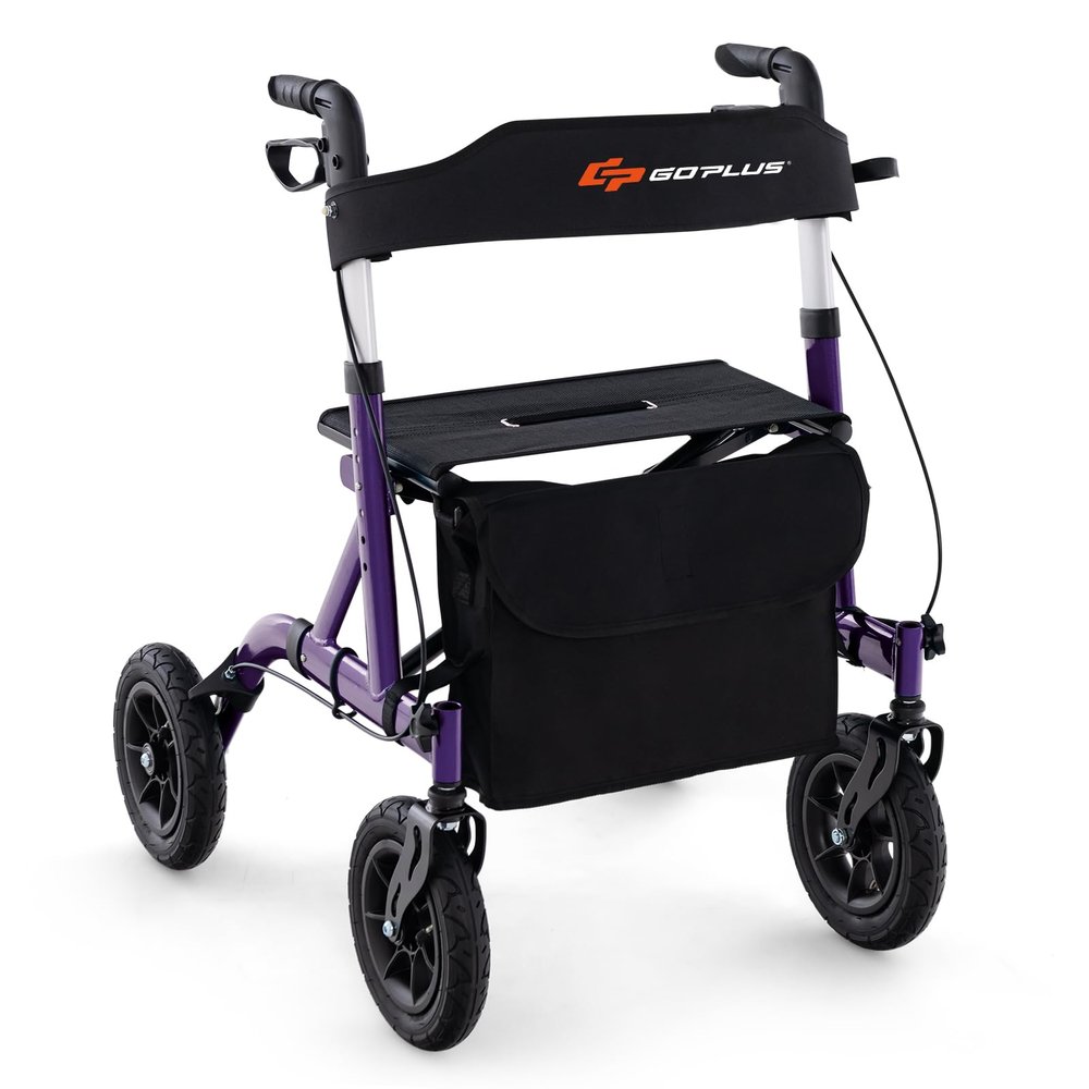 GOPLUS Folding Rollator, Height-Adjustable Walker with Wheels, Seat, Bag and Cane Holder, Aluminum Frame, 160 kg Capacity, Purple