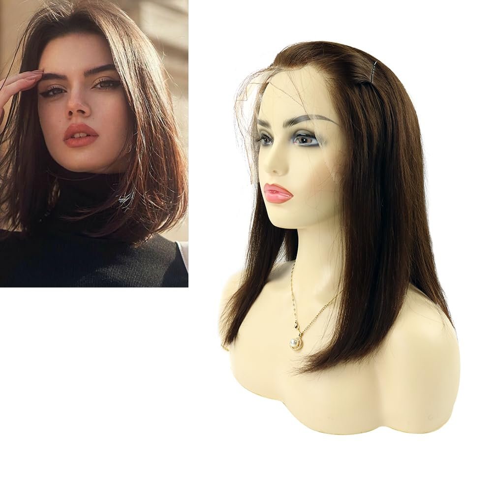 Larafona Hair 100% Remy Human Hair Bob Wig, Dark Brown 2#, 12 in, Full Lace, Glueless