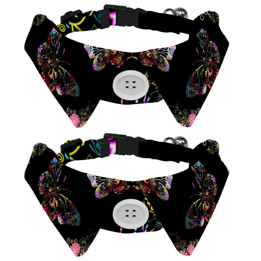 Eslifey Dog Collar with Bow Tie and Bell, Black Butterfly, Adjustable Lapel Design, for Small Pets, 2-Piece Set