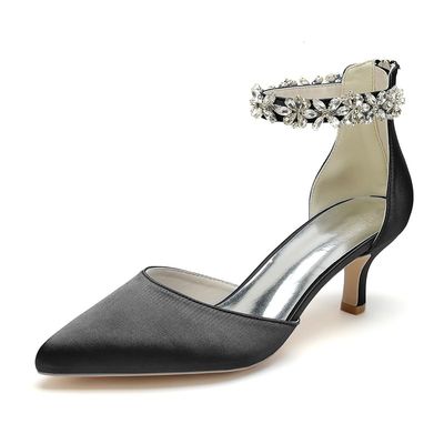 JZWBLDS Women's Satin Kitten-Heel Bridal Shoes, Pointed Toe, Rhinestone Ankle Strap, Black, EU 35