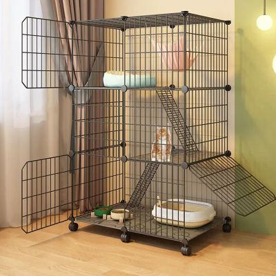 XSMYdpuk 2/3-Tier Wire Cat Cage with 360° Locking Casters and Ladders, Removable Cat Playpen for 1–3 Cats and Small Animals, Black C