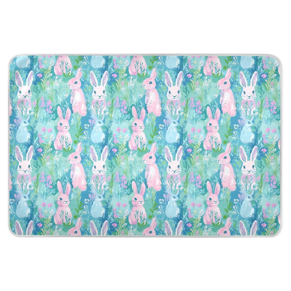 Green Peach Spring Bunny Waterproof Washable Bed Pads, Non-Slip Potty Training Mat, 52 x 34 in