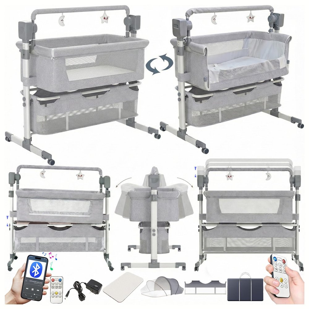 Nine point nine Convertible Folding Baby Bedside Crib with Wheels, 5-Mode Rocking (601 Mid Grey)