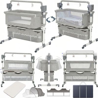Nine point nine Convertible Folding Baby Bedside Crib with Wheels, Co-Sleeping Crib, 5 Swing Speeds, Light Gray
