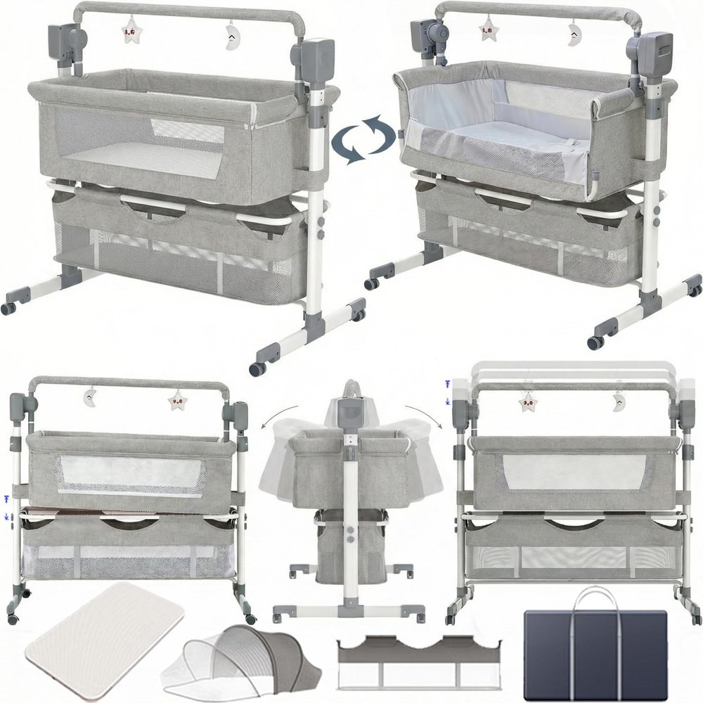 Nine point nine Convertible Folding Baby Bedside Crib with Wheels, Co-Sleeping Crib, 5 Swing Speeds, Light Gray